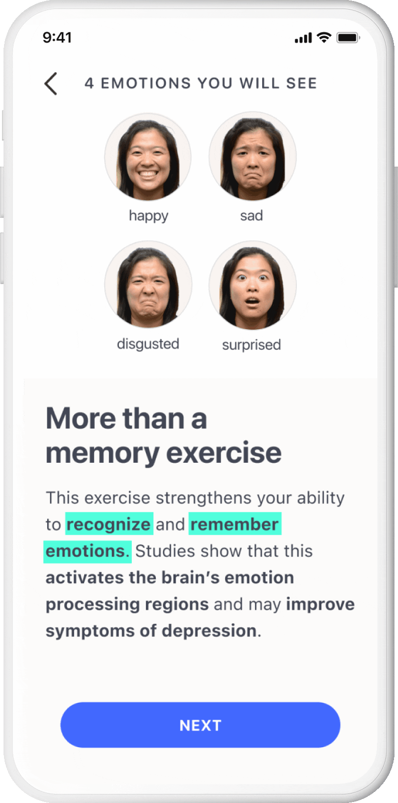 GIF of various brain-training exercise screens from the Rejoyn app