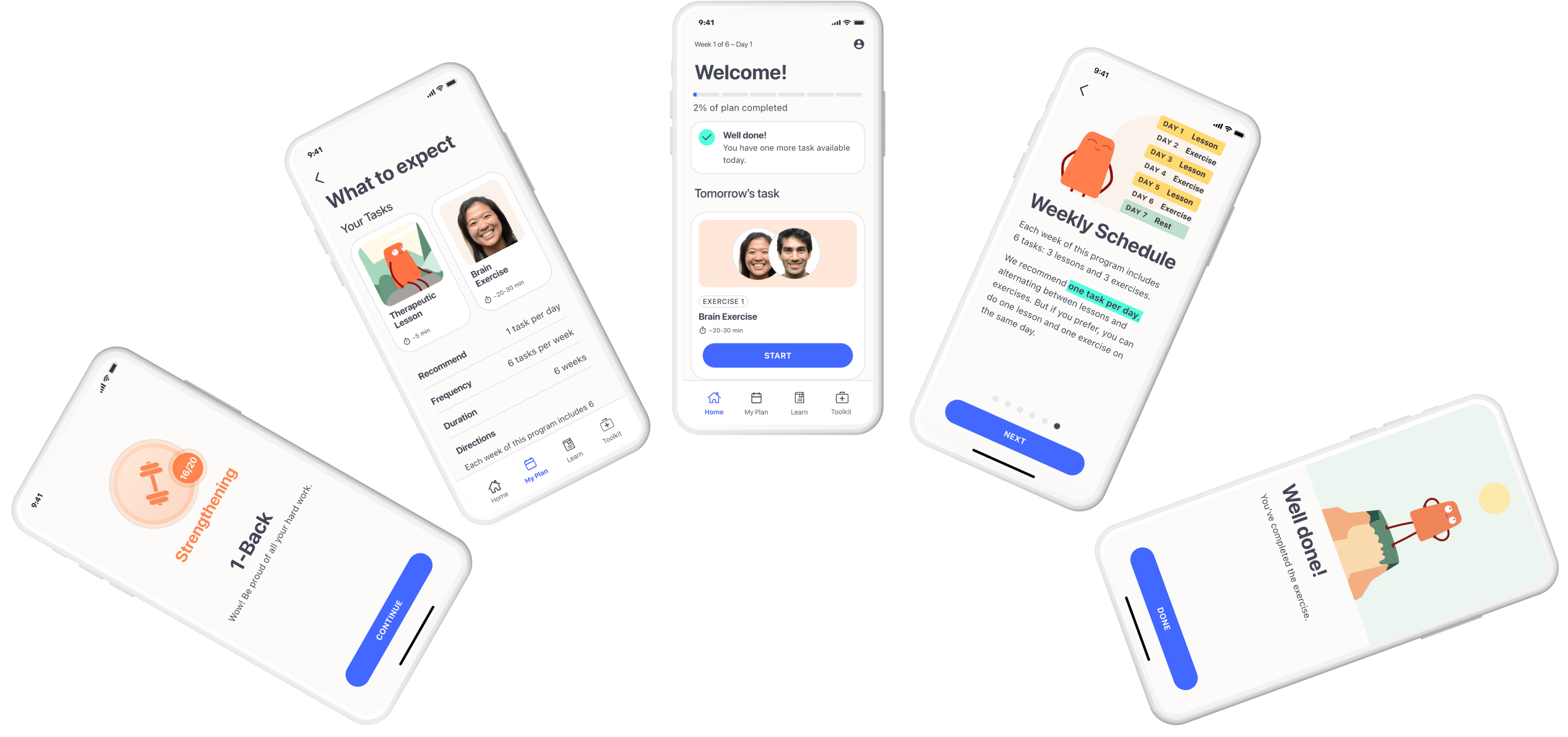 A sampling of Rejoyn app screens, including: Strengthening 1-Back, What to Expect, Welcome, Weekly Schedule, and Well done