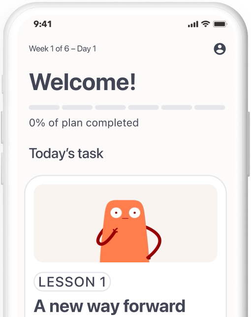 Sample screen of the Rejoyn app. The on-screen text displays "Welcome" and "Today's Task" with "Lesson 1" displayed under the Rejoyn character.
