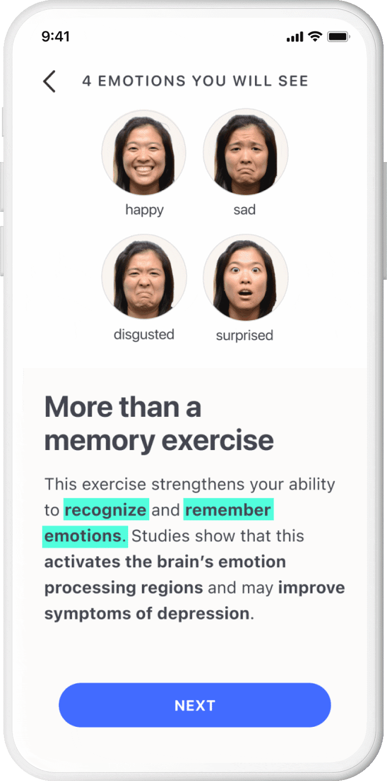 GIF of various brain-training exercise screens from the Rejoyn app